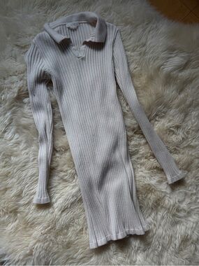 Ribbed Collared Knit Dress in Light Beige